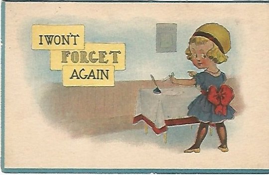 Forgetful Girl with String on Finger Vintage Postcard I Won't Forget Again