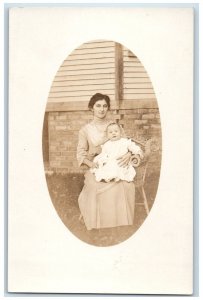 c1910's Candid Woman Baby Mother Wicker Chair Detroit MI RPPC Photo Postcard