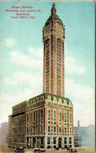 VINTAGE POSTCARD MADE IN GERMANY SINGER BUILDING BROADWAY & LIBERTY NYC 1909