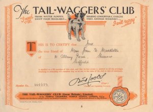 Tail Waggers Club 1930s Vintage Sheffield Dog Owners Certificate