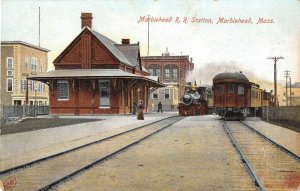 Marblehead Massachusetts view on street Marblehead R.R. Station antique pc DD311