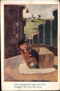 A/s WWI Country Life Near the Front Child Smoking Cigarette Vintage Postcard