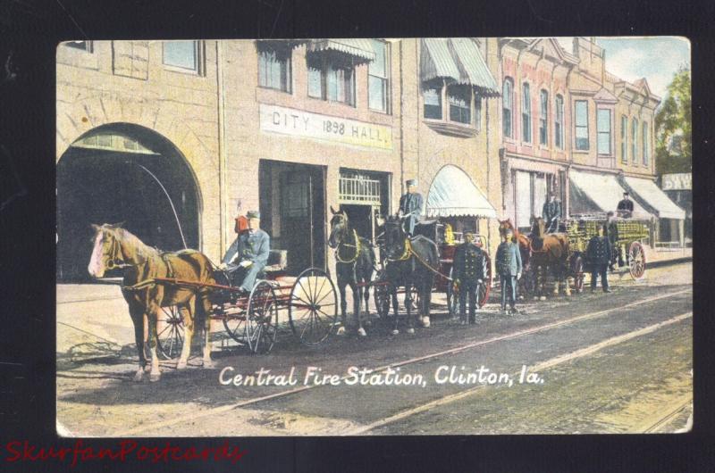 CLINTON IOWA CENTRAL FIRE STATION HORSE DRAWN ANTIQUE VINTAGE POSTCARD