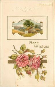 Greetings Card, Best Wishes, Farm Scene Red Rose, Embossed, Davidson Bros.