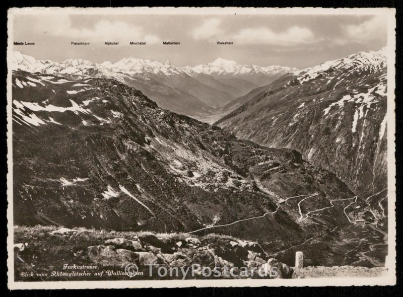 Furkastrasse - Blick vom Rhonegletscher auf Walliseralpen