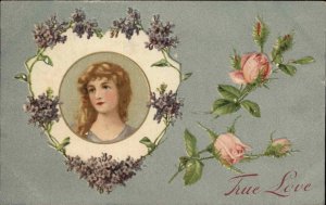 Winsch Valentine Beautiful Woman Heart Border c1910 Vintage Postcard