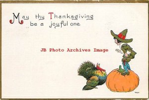 Thanksgiving, Bergman No 7037-1, Turkey & Pilgrim Boy Standing on Pumpkin