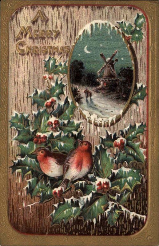 Christmas Windmill at Night Song Birds Border c1910 Vintage Postcard