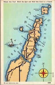 postcard Map of Door Peninsula Wisconsin