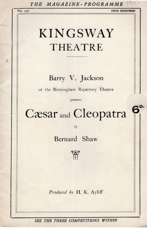 Ceasar & Cleopatra Bernard Shaw Kingsway Vintage Theatre Programme