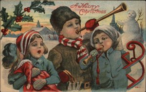 Christmas Children Play Toy Instruments Horns Doll Dolly c1910 Vintage Postcard