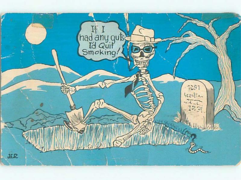 Pre-1980 Halloween Interest SKELETON SMOKING CIGARETTE IN GRAVEYARD AC0227