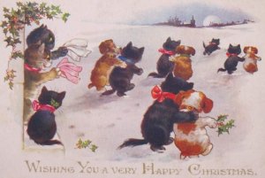 1920s Black Cats Anthropomorphic Wave Florence Vintage Christmas Postcard S 3390