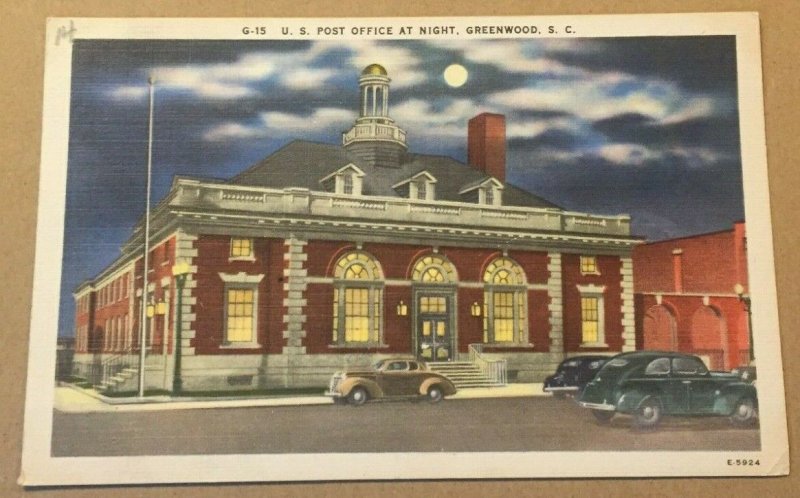 VINTAGE UNUSED LINEN POSTCARD U.S. POST OFFICE AT NIGHT, GREENWOOD, S.C.