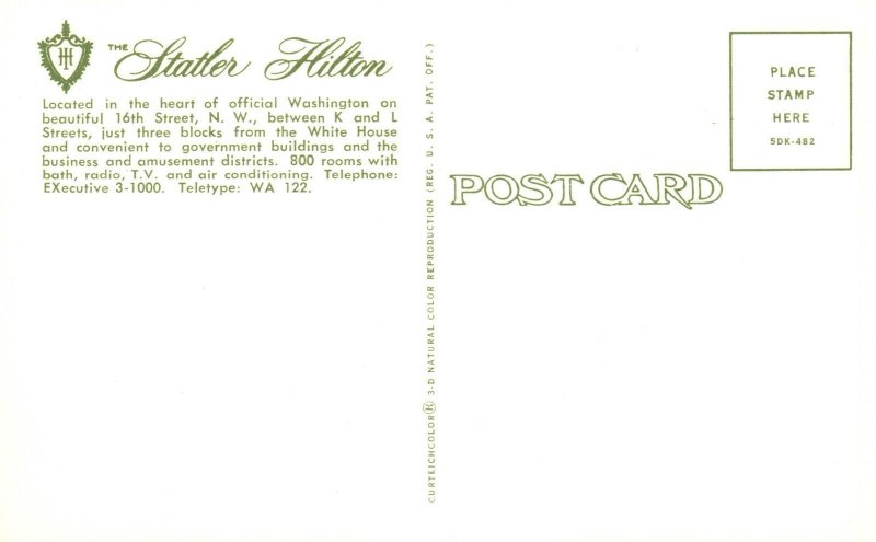 Vintage Postcard The Statler Hilton Near Government Buildings Washington DC