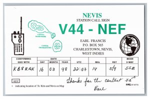 Postcard QSL CB Ham Radio Amateur Card From Charlestown Nevis West Indies V44NEF 
