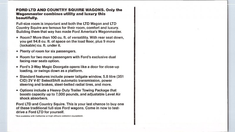 1978 Ford LTD Wagon Vintage Advertising Oversize Postcard Wagonmaster