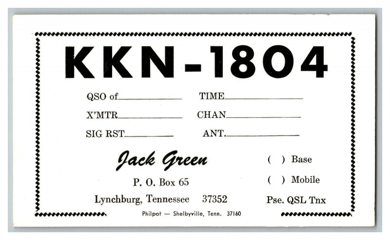 QSL Radio Card From Lynchburg Tennessee KKN - 1804 