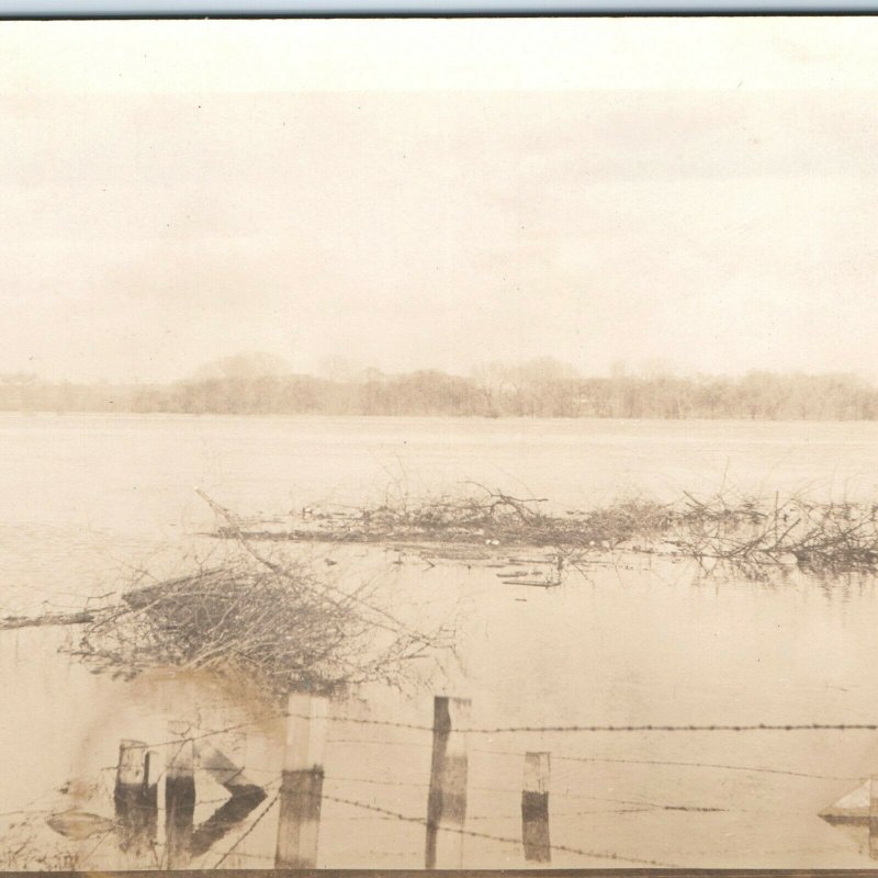 c1920s Flooded River RPPC Fence Real Photo Postcard Barbed Wire Artistic View A4