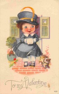 To My Valentine Girl Feather in Hat Kitten Hand Muffler 1910c postcard