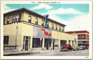 VINTAGE POSTCARD 1940s HOTEL PULASKI AND CARS SCENE AT PULASKI VIRGINIA