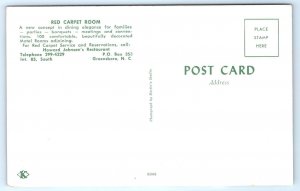 GREENSBORO, NC North Carolina ~ RED CARPET ROOM Howard Johnson's c1950s Postcard