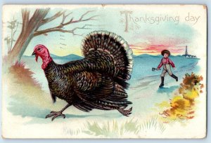 1907 Thanksgiving Day Man With Hatchet Turkey Winter Church Scene Tuck Postcard