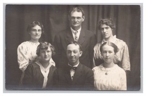 Postcard Family Of Six In Suits & Dresses RPPC Real Photo
