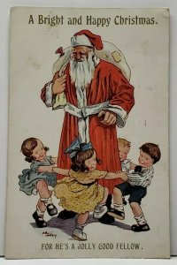 Christmas Santa Children Dancing He's A Jolly Good Fellow Signed Postcard F13