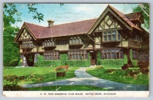 CW Post Memorial Club House, Battle Creek MI, 1951 Postcard, Buy US Bonds Cancel
