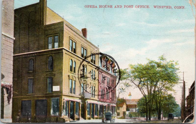 Opera House and Post Office Winsted CT Conn c1911 Postcard D93