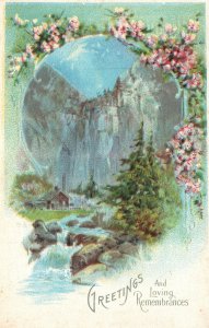 Vintage Postcard Greetings & Loving Remembrance Landscape Flowers Home