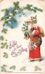 J71/ Santa Claus Christmas Postcard c1910 Snow Carrying Tree 348