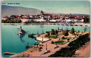 Geneve et Rade Switzerland Steamship Harbor Scene Buildings In Distance Postcard