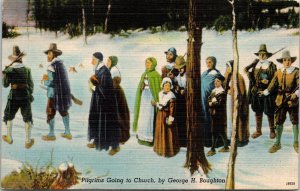 Pilgrims Going To Church Painting George H Boughton New England Linen Postcard 
