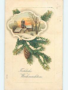 Pre-Linen Christmas foreign PINECONE WITH BRANCHES AND CHURCH HL8952