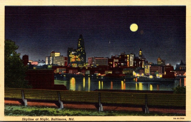 Maryland Baltimore Skyline At Night Curteich