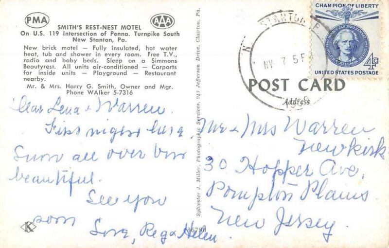 New Stanton Pennsylvania Smith's Rest-Nest Motel Vintage Postcard J68914