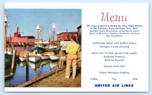UNITED AIRLINES MENU Advertising GLOUCESTER HARBOR Chef Frank Hurliman Postcard
