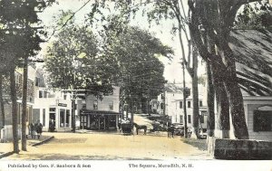 Meredith NH The Square Storefronts Horse & Wagons Postcard