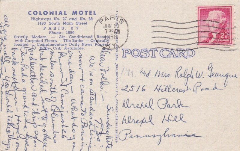 Kentucky Paris Colonial Motel 1958Curteich sk1340