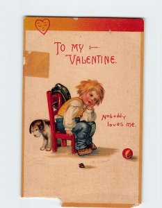 Postcard To My Valentine, Noboddy loves me with Boy Dog Ball Embossed Art Print