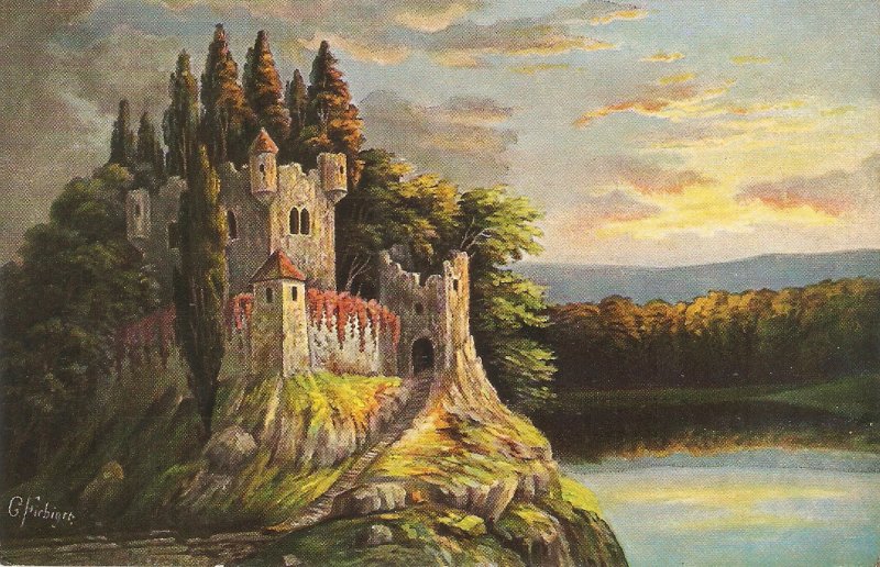 Fantasy landscape with castle Nice German postcard 1930s