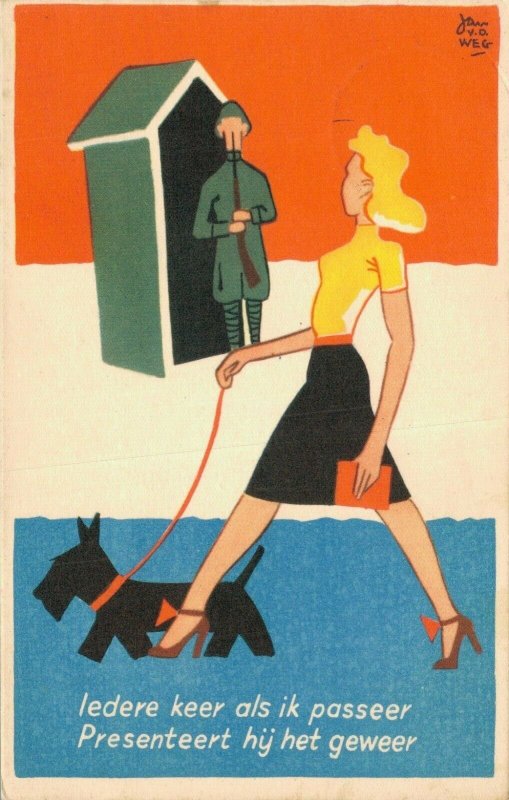 Military Art Deco WW1 Jan van de Weg Woman Passes a Soldier with a Gun 06.51