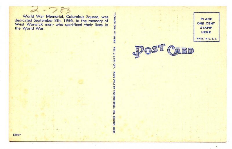 RI - West Warwick. World War Memorial