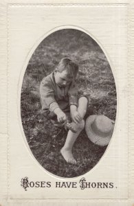 Roses Have Thorns Boy Wounded Feet Disaster Antique Real Photo Postcard