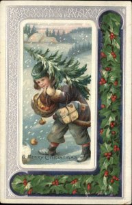 Little Boy Carries Christmas Tree Holly Border c1910 Vintage Postcard