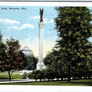 c1920s Kenosha, Wis.Library Park Monument White Border Litho Photo Postcard A64
