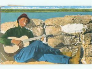 Linen Black Americana MAN PLAYING ANTIQUE GUITAR AC0532