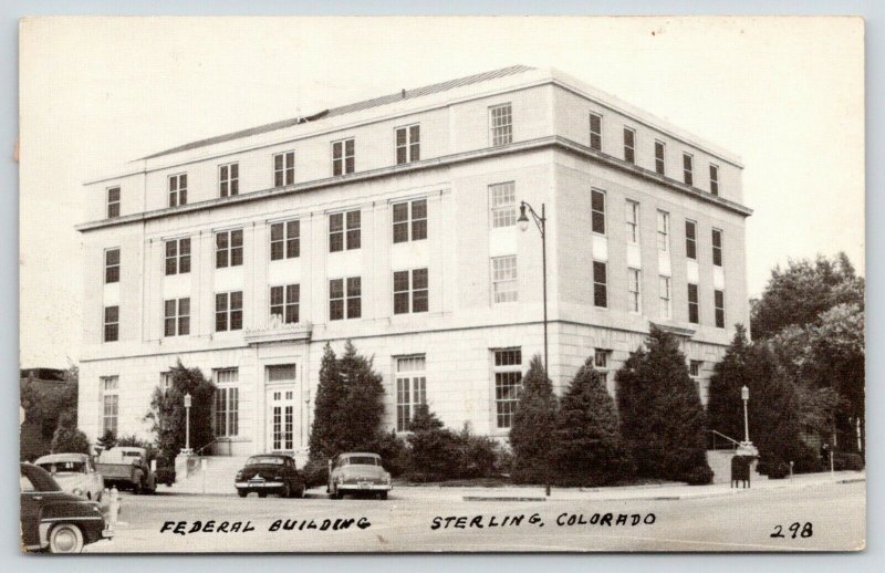 Sterling Colorado~Federal Building~Post Office~Cars~1955 B&W Glossy Postcard